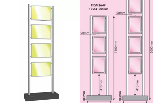 Freistehendes Display mit LED Acryl Postertaschen 4x DIN A4 Hochformat