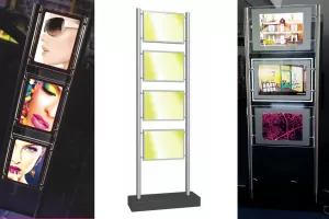 Freistehendes Display mit LED Acryl Postertaschen 4x DIN A4 Hochformat